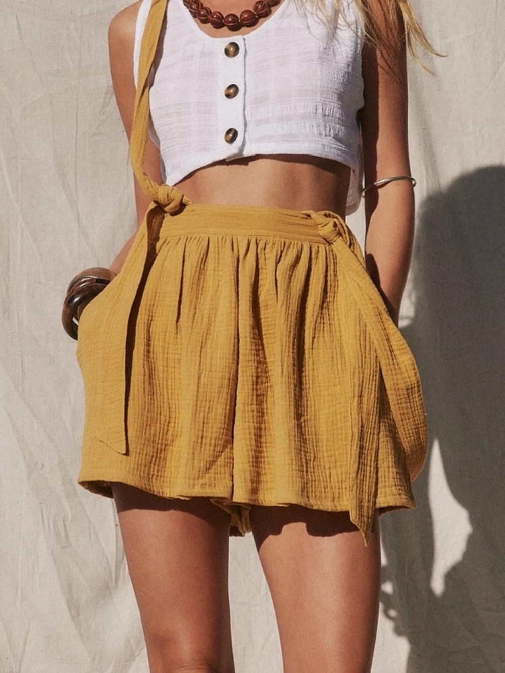 Jen's Pirate Booty Mustard Tie-Waist Textured Shorts
